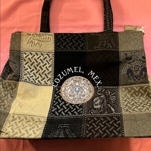 Patchwork Cozumel, Mex. Zip Tote Bag - Black and Tan